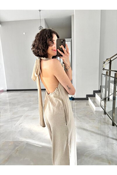 Sude Kızanlıklı Premium Sırt Dekolteli Keten Tulum