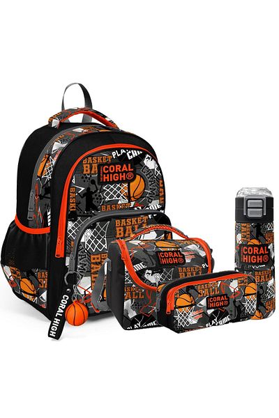 Coral High Set de 4 genți de școală cu model pentru copii (geantă de școală, nutriție, suport pentru stilou, sticlă de apă)
