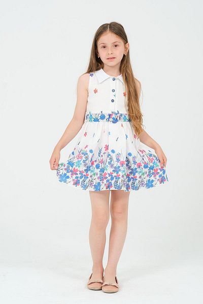 SUBU TASARIM Girls Floral Patterned Checkered Dress White Tbskvc1043