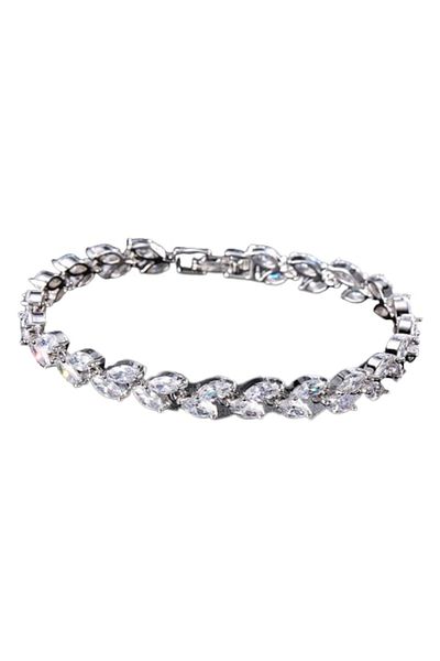 Tessero Bratara de dama tip Tennis, pietre zirconiu in forma de frunza, inchidere clips, placat cu aur 18K,