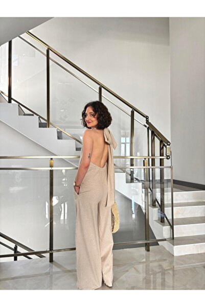 Sude Kızanlıklı Premium Sırt Dekolteli Keten Tulum