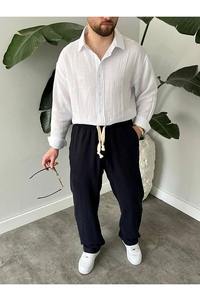 MODA Dark Blue Waist Drawn Baggy Pants