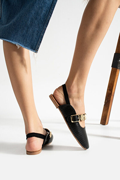 BOUIS Women's Black Ballerina Buckle Open Back Strap Lightweight Stylish Comfortable Perforated Business Office Travel Daily Shoes