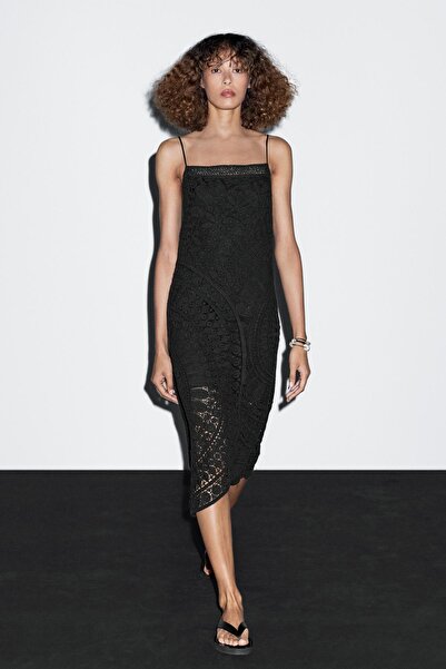 Massimo Dutti %100 pamuklu kroşe midi elbise