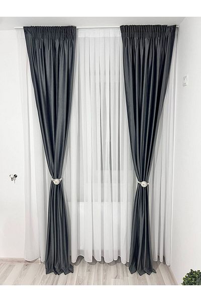Metropolitan Concept Set of Two Ronda Velvet Curtains, Dark Grey, Worked on 10 Cm Wide Rejansa, 2x150x250 Cm