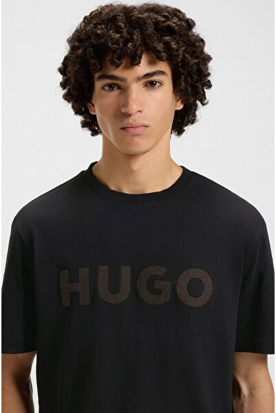 HUGO Men's Regular Fit 100% Cotton Textured Logo Pattern Short Sleeve Black T-Shirt 50542737-001