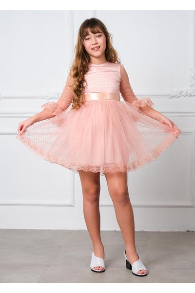 SUBU TASARIM Girls' Lace Long Sleeve Evening Dress Pink Tbskvc3006