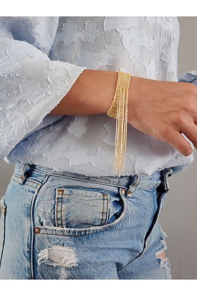 Eva Takı Store Cord Steel Chain Knitted 8 Rows Dangle Handmade Gold Color Bohemian Bracelet