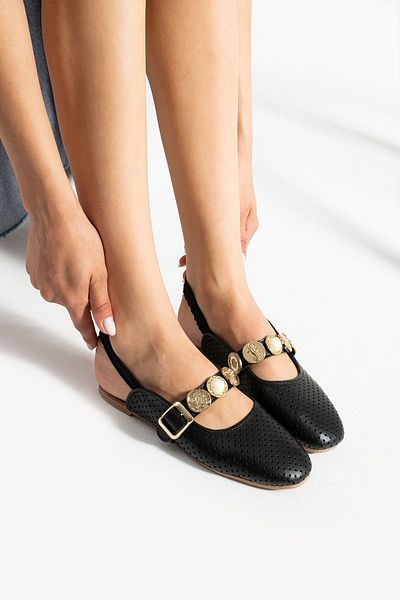 BOUIS Women's Black Ballerina Buckle Open Back Strap Lightweight Stylish Comfortable Perforated Business Office Travel Daily Shoes