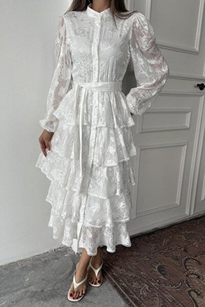 Genel Markalar Beyaz Valonlu Şeritli Kat Kat Elbise