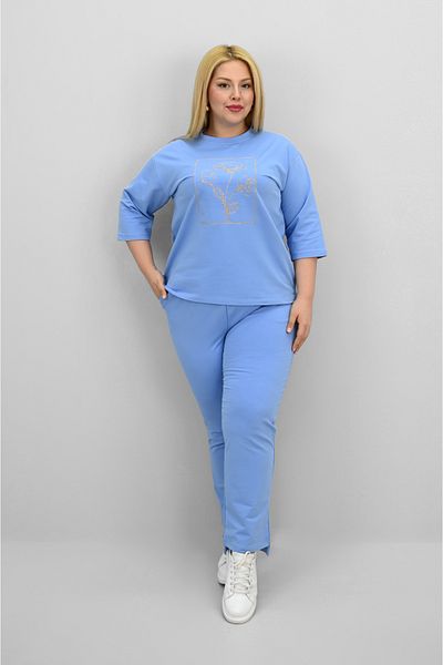 Koza Butik Women's Plus Size Short Sleeve Floral Embroidered Tracksuit Set 8199-25