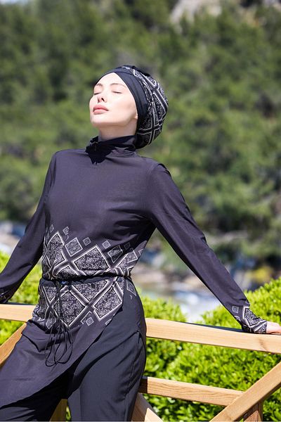 NS TASARIM MAYO Liva Pattern Allerli Design Hijab Jumpsuit Swimsuit