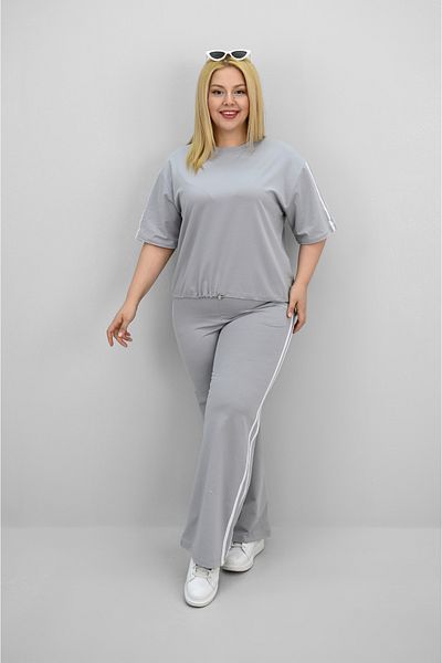 Koza Butik Women's Plus Size Stripe and Waist Drawstring Detail Short Sleeve Tracksuit Set 8197-25