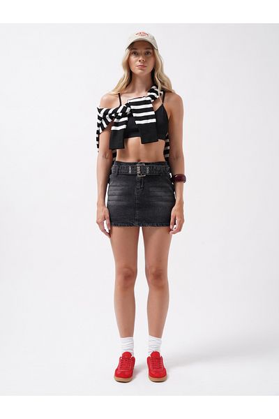 Black Fashion Belt Detail Denim Mini Black Skirt