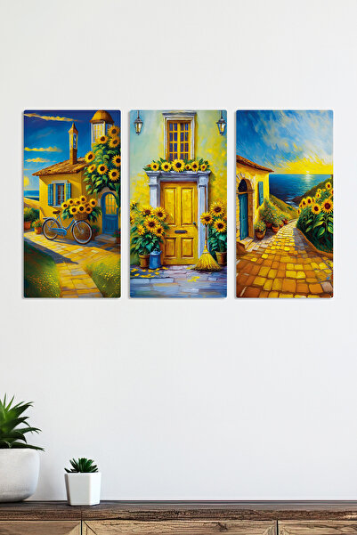 Zevahir Mobilya Dekorasyon Güneşe Bakan Ayçiçekleri Ev Balkon ve Kapı Deniz Manzara 3 Parça Mdf Tablo