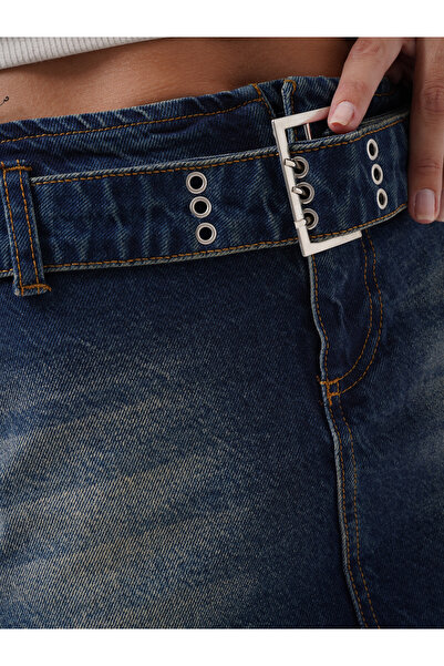 Black Fashion Kemer Detay Denim Mini Koyu Mavi Etek
