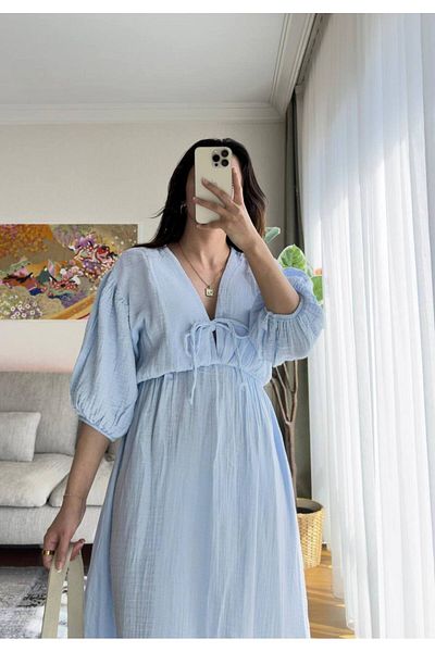 manana fashion Premium Quality Muslin Fabric Elastic Waist V-Neck Navy Blue Dress