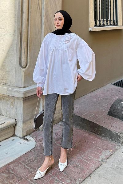 lamelif Floral Detailed Ribbed Blouse White