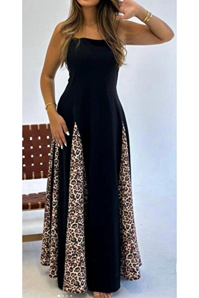 Genel Markalar Kadın Dalgıç Kumaş Leopar Desenli Kloş Elbise