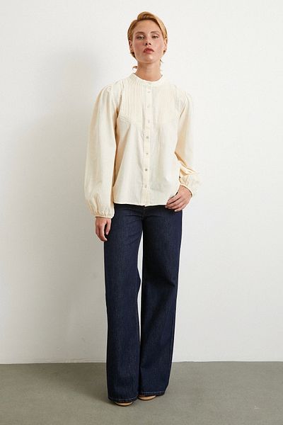 Never more Ribbed Lace Detailed Shirt Cream