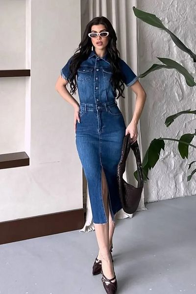 Neşeli Butik Women's Slit Pocket Detail Denim Dress Nbnp005