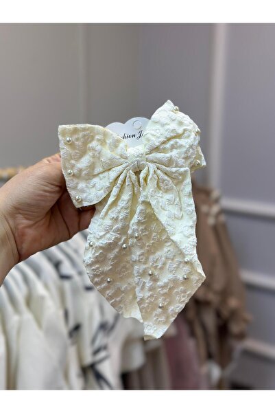 ArdenKids Ekru Güpür İnci Detaylı Fiyonk Otomatik Klips Toka