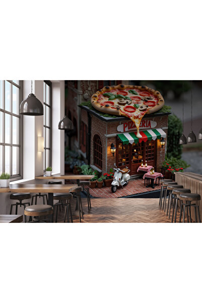 Tasarım 3 Boyutlu Pizza Cafe İtaliano Restoran Yapay Zeka Duvar Kağıdı