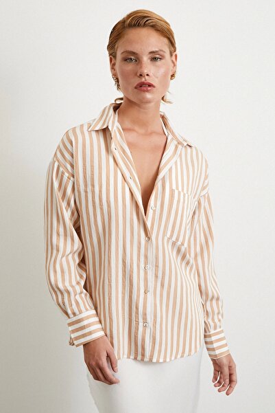 Never more Multi Striped Pocket Shirt Camel