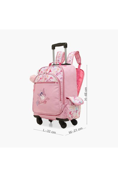 Juniors Butterfly Print Trolley Backpack with Retractable Handle and Zip Closure - 16 inches