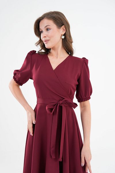 Secret Passion Lingerie Women's Double Breasted Collar Belt Detailed Short Sleeve Asymmetric Cut Burgundy Midi Dress 410