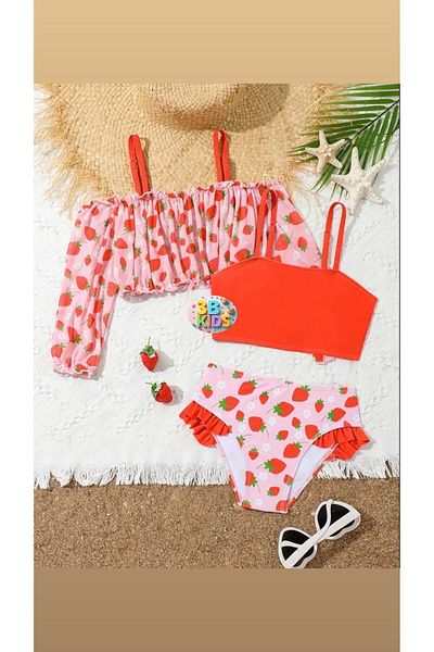 3b kids Red Strawberry Bikini Swimsuit Bustier Blouse Set Children Beach Wear
