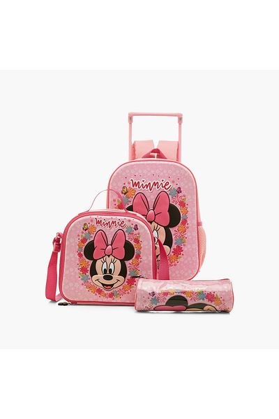 Disney Minnie Mouse Print Trolley Backpack with Lunch Bag and Pencil Case - 13 inches