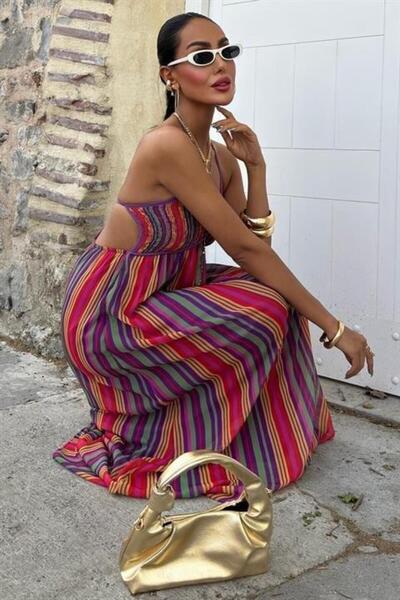 Genel Markalar Askılı Pile Detaylı Renkli Maxi Elbise 2748