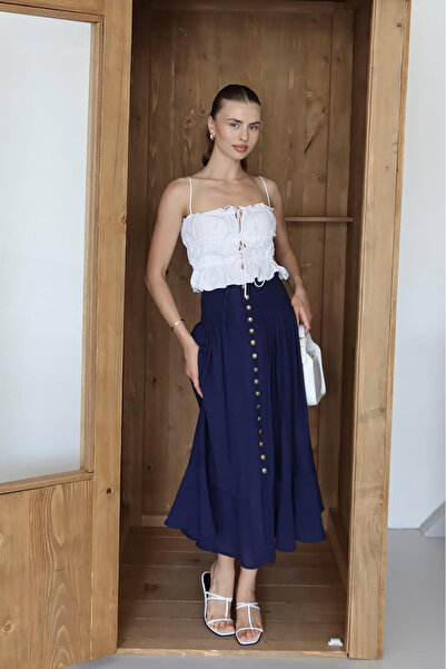 Neşeli Butik fusta de damă cu talie elastică cu nasturi NBNP010