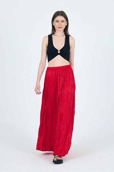 Rays Red Elastic Waist Wrinkled Fabric Skirt 3483