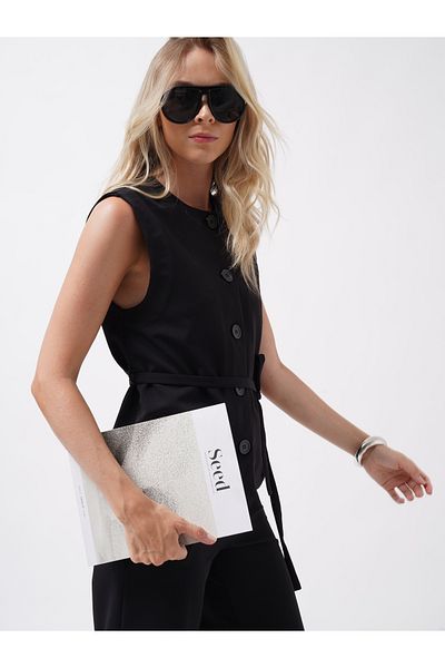 Black Fashion Belted Woven Black Vest