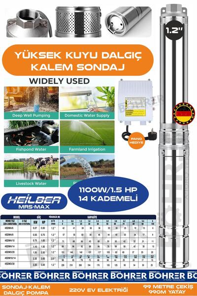 HEİLBER 1.5 HP 220V Kalem Dalgıç Su Motoru Pompa | 99m Derinlik -990m Yatay |...