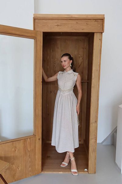 Neşeli Butik γυναικείο αξεσουάρ λινό φόρεμα με λεπτομέρεια μέσης NBNP007