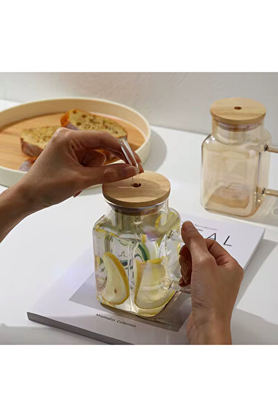 BKC HOME Bambu Kapaklı Cam Pipetli Mega Boy Bardak Mini Boy Sürahi 650 ML