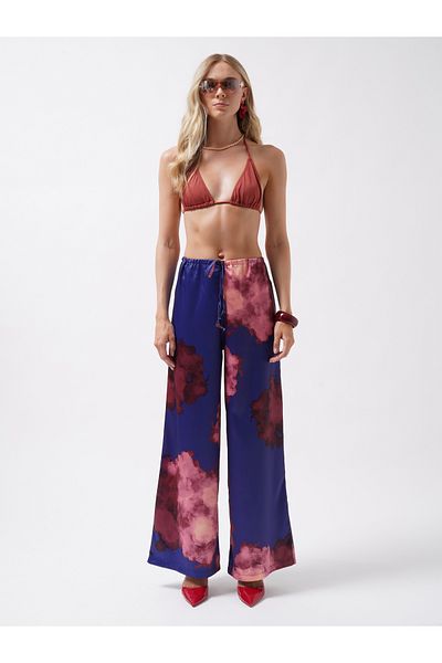 Black Fashion Patterned Satin Navy Blue Trousers with Elastic Waist