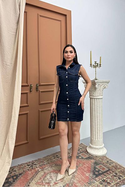 Neşeli Butik Women Sleeveless Button Mini Fit Denim Dress Nbnp009