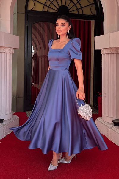 giyimmasalı Rochie midi din țesătură satinată cu guler pătrat și mâneci balon - INDIGO BLUE