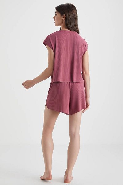 Penyemood Women's Dusty Rose Ribbed Summer Shorts Home Wear Set C8T5N49