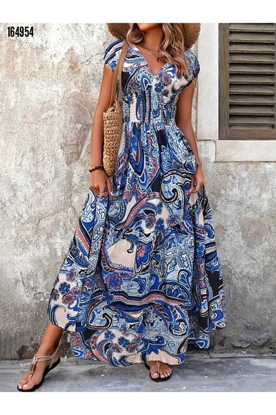 moda wanilia Women's Short Sleeve V Neck Floral Print Single Jersey Dress