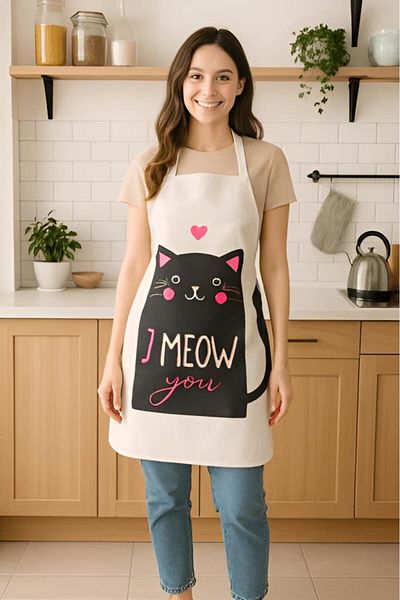 MODALİN I Meow You Kitchen Apron with Cat Pattern, Liquid Proof Cute Design