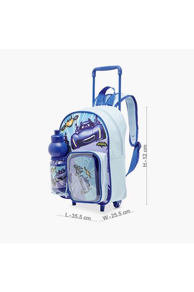 Warner Bros Batwheels Print Trolley Backpack with Lunch Box and Water Bottle - 13 inches