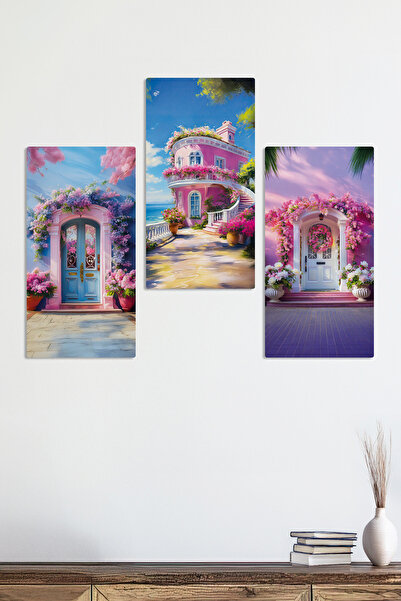 Zevahir Mobilya Dekorasyon Roz Ușă și Balcon Flori de primăvară Peisaj marin 3 piese MDF Pictură