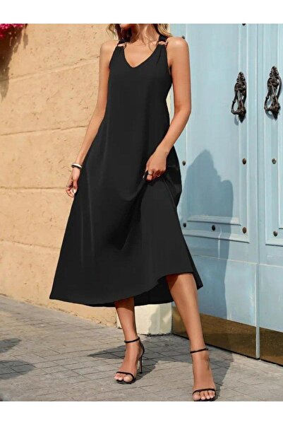 MODA Γυναικείο φόρεμα με λουράκι V λαιμόκοψη με λεπτομέρεια Maxi μήκους βισκόζης