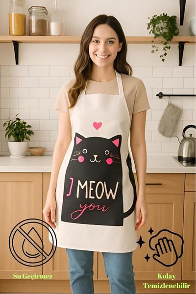 MODALİN I Meow You Kitchen Apron with Cat Pattern, Liquid Proof Cute Design