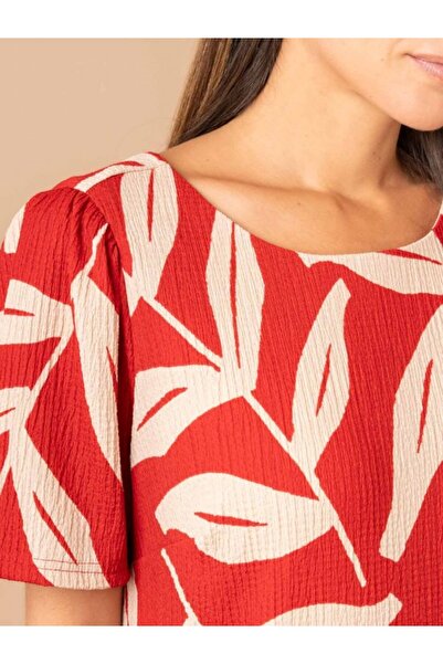 Kübra Tekstil Lupinn Fashion Women's Crew Neck Short Sleeve Leaf Print Relaxed Fit Summer Mini Dress